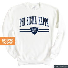 Load image into Gallery viewer, Phi Sigma Kappa Sweatshirt - Phi Sig Striped Shield Crewneck Sweatshirt - Kite and Crest
