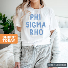 Load image into Gallery viewer, Phi Sigma Rho Blue Bubble Letters T-shirt - Kite and Crest
