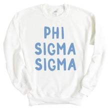 Load image into Gallery viewer, Phi Sigma Sigma Blue Bubble Letter Sorority Crewneck Sweatshirt - Kite and Crest
