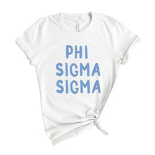 Load image into Gallery viewer, Phi Sigma Sigma Blue Bubble Letter Sorority T-Shirt - Kite and Crest
