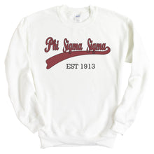 Load image into Gallery viewer, Phi Sigma Sigma Sweatshirt | Phi Sig Baseball Crewneck Sweatshirt | Phi Sigma Sigma Sorority Gift Idea - Kite and Crest
