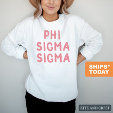 Load image into Gallery viewer, Phi Sigma Sigma Sweatshirt | Phi Sig Pink Bubble Letters Crewneck Sweatshirt | Phi Sigma Sigma Sorority Gift Idea - Kite and Crest
