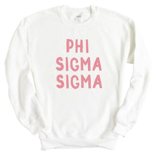 Load image into Gallery viewer, Phi Sigma Sigma Sweatshirt | Phi Sig Pink Bubble Letters Crewneck Sweatshirt | Phi Sigma Sigma Sorority Gift Idea - Kite and Crest
