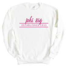 Load image into Gallery viewer, Phi Sigma Sigma Sweatshirt | Phi Sig Pink Established Crewneck Sweatshirt | Phi Sigma Sigma Sorority Gift Idea - Kite and Crest
