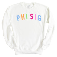 Load image into Gallery viewer, Phi Sigma Sigma Sweatshirt | Phi Sig Rainbow Letter Crewneck Sweatshirt | Phi Sigma Sigma Sorority Gift Idea - Kite and Crest
