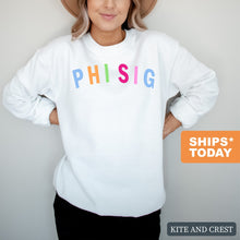 Load image into Gallery viewer, Phi Sigma Sigma Sweatshirt | Phi Sig Rainbow Letter Crewneck Sweatshirt | Phi Sigma Sigma Sorority Gift Idea - Kite and Crest
