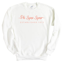 Load image into Gallery viewer, Phi Sigma Sigma Sweatshirt | Phi Sig White Script Letter Crewneck Sweatshirt | Phi Sigma Sigma Sorority Gift Idea - Kite and Crest
