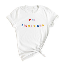Load image into Gallery viewer, Phi Sigma Sigma T-Shirt | Phi Sig Circular Colorful Shirt | Phi Sigma Sigma Sorority Gift Idea - Kite and Crest
