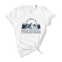 Load image into Gallery viewer, Phi Sigma Sigma T-Shirt | Phi Sig Epic Mountains Shirt | Phi Sigma Sigma Sorority Gift Idea - Kite and Crest
