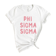 Load image into Gallery viewer, Phi Sigma Sigma T-Shirt | Phi Sig Pink Bubble Letters Shirt | Phi Sigma Sigma Sorority Gift Idea - Kite and Crest
