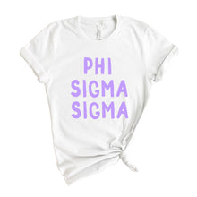 Load image into Gallery viewer, Phi Sigma Sigma T-shirt - Phi Sig Purple Bubble Letters Tee - Kite and Crest
