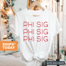 Load image into Gallery viewer, Phi Sigma Sigma T-Shirt | Phi Sig Red and Stacked Shirt | Phi Sigma Sigma Sorority Gift Idea - Kite and Crest
