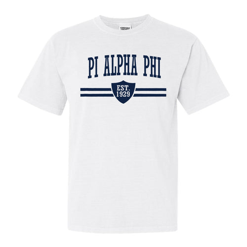Pi Alpha Phi Striped Shield Comfort Colors T-Shirt - Fraternity Tee - Kite and Crest
