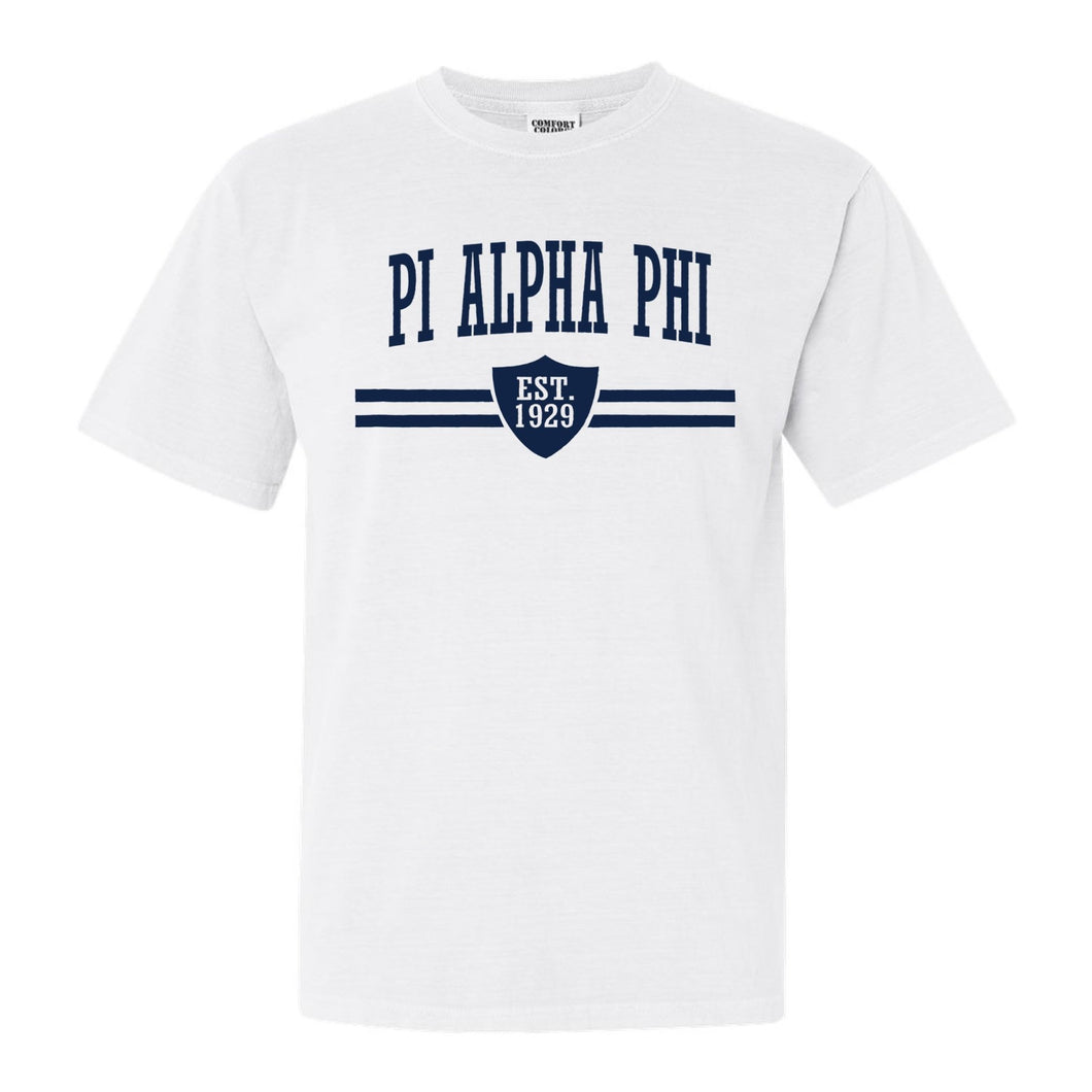 Pi Alpha Phi Striped Shield Comfort Colors T-Shirt - Fraternity Tee - Kite and Crest