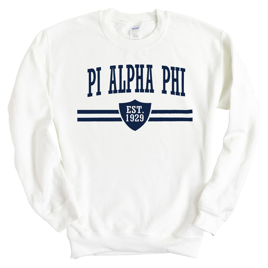 Pi Alpha Phi Striped Shield Sweatshirt - Fraternity Crewneck Sweatshirt - Kite and Crest