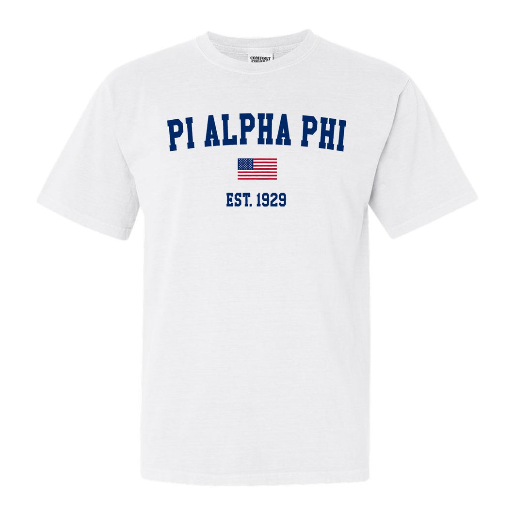 Pi Alpha Phi USA Flag Comfort Colors T-Shirt - Fraternity Tee - Kite and Crest