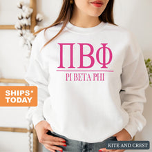 Load image into Gallery viewer, Pi Beta Phi (Pi Phi) Big Letters Sorority Crewneck Sweatshirt - Kite and Crest
