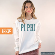 Load image into Gallery viewer, Pi Beta Phi Sweatshirt - Pi Phi Blue Retro Crewneck Sweatshirt - Kite and Crest
