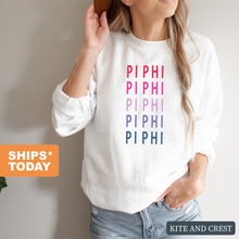 Load image into Gallery viewer, Pi Beta Phi Sweatshirt - Pi Phi Bright and Stacked Crewneck Sweatshirt - Kite and Crest
