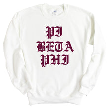 Load image into Gallery viewer, Pi Beta Phi Sweatshirt | Pi Phi Old Type Written Crewneck Sweatshirt | Pi Beta Phi Sorority Gift Idea - Kite and Crest
