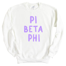 Load image into Gallery viewer, Pi Beta Phi Sweatshirt - Pi Phi Purple Bubble Letters Crewneck Sweatshirt - Kite and Crest
