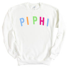 Load image into Gallery viewer, Pi Beta Phi Sweatshirt | Pi Phi Rainbow Letter Crewneck Sweatshirt | Pi Beta Phi Sorority Gift Idea - Kite and Crest
