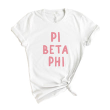 Load image into Gallery viewer, Pi Beta Phi T-Shirt | Pi Phi Pink Bubble Letters Shirt | Pi Beta Phi Sorority Gift Idea - Kite and Crest
