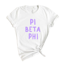 Load image into Gallery viewer, Pi Beta Phi T-shirt - Pi Phi Purple Bubble Letters Tee - Kite and Crest
