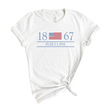 Load image into Gallery viewer, Pi Beta Phi T-shirt - Pi Phi Year and Flag Tee - Kite and Crest
