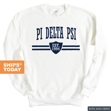 Load image into Gallery viewer, Pi Delta Psi Striped Shield Sweatshirt - Fraternity Crewneck Sweatshirt - Kite and Crest
