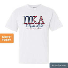 Load image into Gallery viewer, Pi Kappa Alpha Comfort Colors T-Shirt - PIKE American Flag Letters Shirt - Kite and Crest
