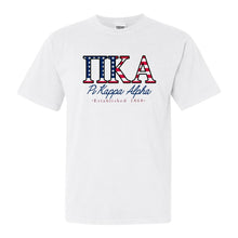 Load image into Gallery viewer, Pi Kappa Alpha Comfort Colors T-Shirt - PIKE American Flag Letters Shirt - Kite and Crest
