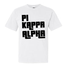 Load image into Gallery viewer, Pi Kappa Alpha Comfort Colors T-Shirt - PIKE Stacked Letters Shirt - Kite and Crest
