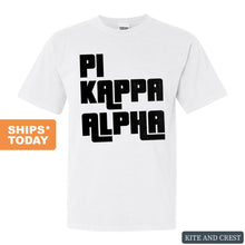 Load image into Gallery viewer, Pi Kappa Alpha Comfort Colors T-Shirt - PIKE Stacked Letters Shirt - Kite and Crest
