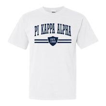 Load image into Gallery viewer, Pi Kappa Alpha Comfort Colors T-Shirt - PIKE Striped Shield Shirt - Kite and Crest
