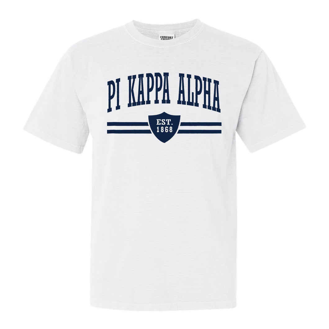 Pi Kappa Alpha Comfort Colors T-Shirt - PIKE Striped Shield Shirt - Kite and Crest
