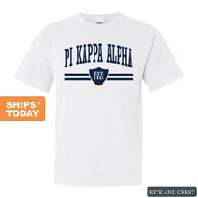 Load image into Gallery viewer, Pi Kappa Alpha Comfort Colors T-Shirt - PIKE Striped Shield Shirt - Kite and Crest
