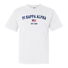 Load image into Gallery viewer, Pi Kappa Alpha Comfort Colors T-Shirt - PIKE USA Flag Shirt - Kite and Crest
