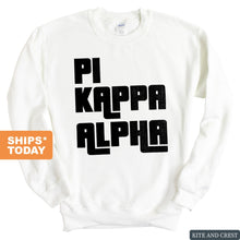 Load image into Gallery viewer, Pi Kappa Alpha Sweatshirt - PIKE Stacked Letters Crewneck Sweatshirt - Kite and Crest
