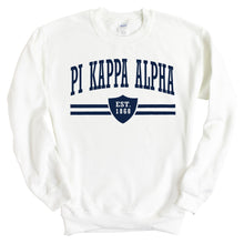 Load image into Gallery viewer, Pi Kappa Alpha Sweatshirt - PIKE Striped Shield Crewneck Sweatshirt - Kite and Crest
