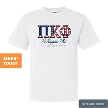 Load image into Gallery viewer, Pi Kappa Phi Comfort Colors T-Shirt - Pi Kapp American Flag Letters Shirt - Kite and Crest
