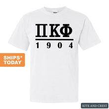 Load image into Gallery viewer, Pi Kappa Phi Comfort Colors T-Shirt - Pi Kapp Black Letters Shirt - Kite and Crest
