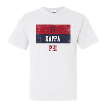 Load image into Gallery viewer, Pi Kappa Phi Comfort Colors T-Shirt - Pi Kapp Colorful Stripe Shirt - Kite and Crest
