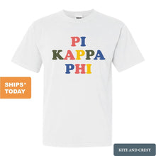 Load image into Gallery viewer, Pi Kappa Phi Comfort Colors T-Shirt - Pi Kapp Retro Letters Shirt - Kite and Crest
