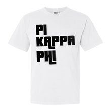 Load image into Gallery viewer, Pi Kappa Phi Comfort Colors T-Shirt - Pi Kapp Stacked Letters Shirt - Kite and Crest
