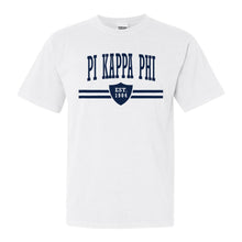 Load image into Gallery viewer, Pi Kappa Phi Comfort Colors T-Shirt - Pi Kapp Striped Shield Shirt - Kite and Crest
