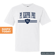 Load image into Gallery viewer, Pi Kappa Phi Comfort Colors T-Shirt - Pi Kapp Striped Shield Shirt - Kite and Crest
