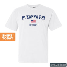 Load image into Gallery viewer, Pi Kappa Phi Comfort Colors T-Shirt - Pi Kapp USA Flag Shirt - Kite and Crest
