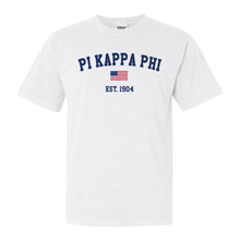 Load image into Gallery viewer, Pi Kappa Phi Comfort Colors T-Shirt - Pi Kapp USA Flag Shirt - Kite and Crest
