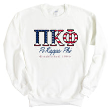 Load image into Gallery viewer, Pi Kappa Phi Sweatshirt - Pi Kapp American Flag Letters Crewneck Sweatshirt - Kite and Crest
